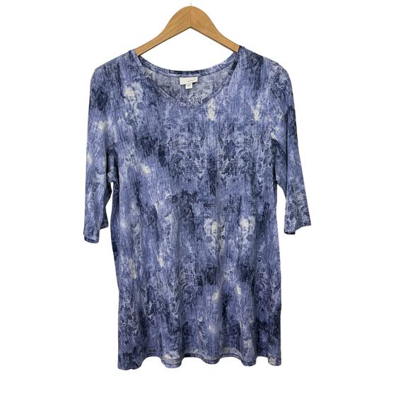 Pure Jill Popover Top Womens Large 3/4 Sleeve Blue Floral V-Neck Cotton Modal - Picture 1 of 7
